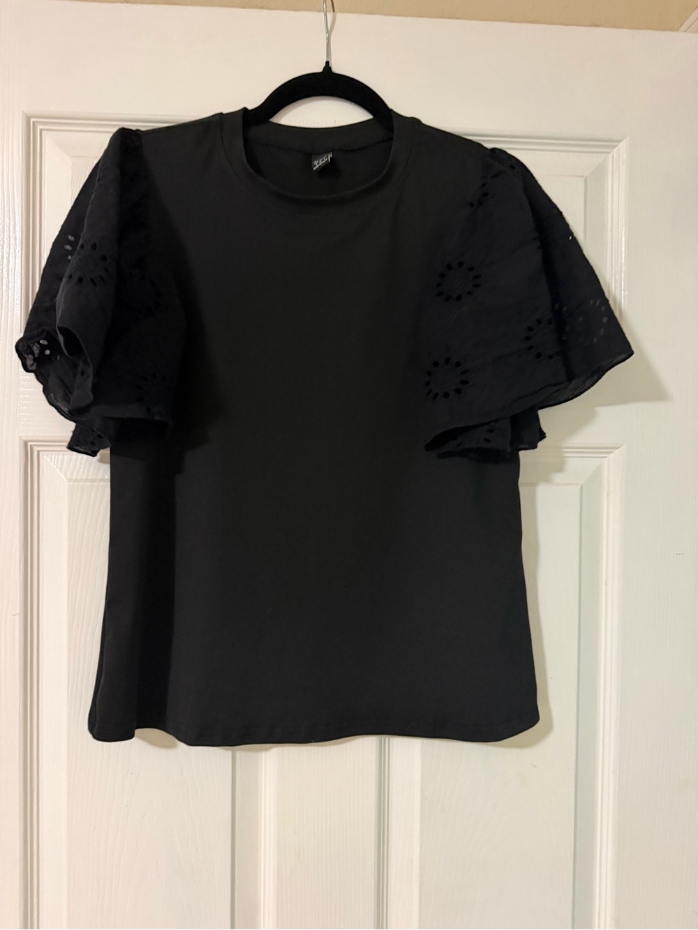 SHEIN Black Eyelet Flutter Sleeve Blouse